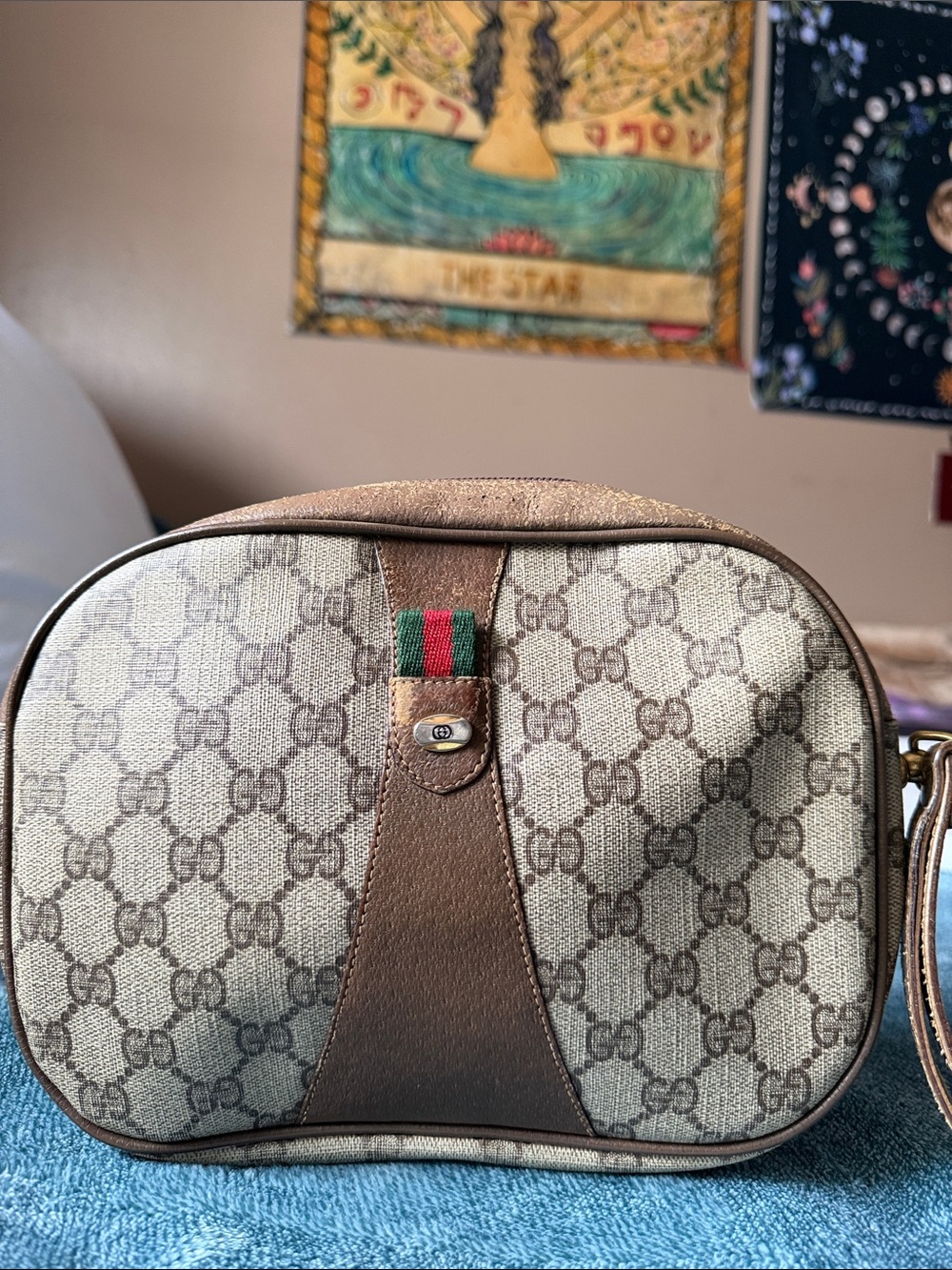 Gucci Beige & Brown GG Canvas Wristlet with Green-Red Web